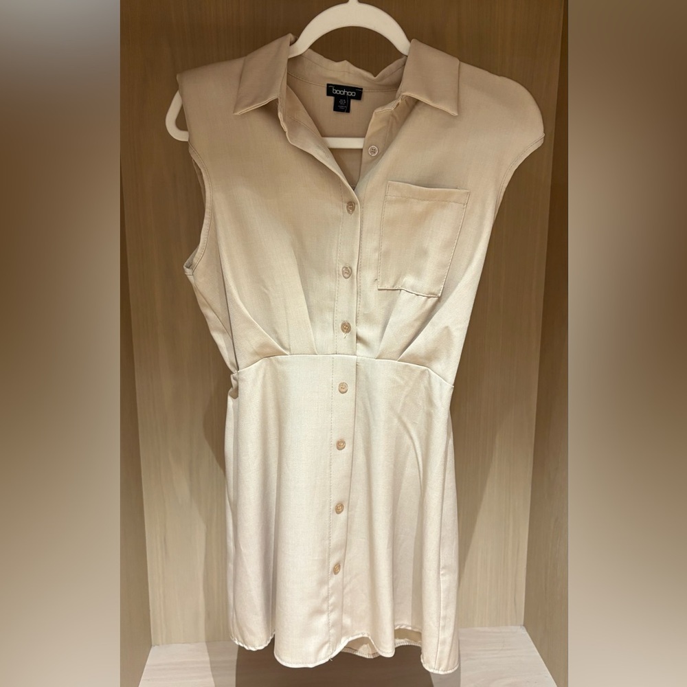 Boohoo Utility Style Button Up Sleeveless Dress with Shoulder Pads